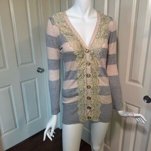 Striped Lace-Trimmed Cardigan Sweater with Gold Button Detsil
